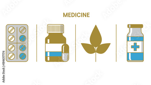 Herbal and Traditional Medicine Flat Vector Set with Four Aligned Panels