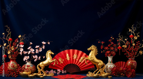 Chinese New Year 2026 golden horse decorations with red fan and plum blossoms on navy background