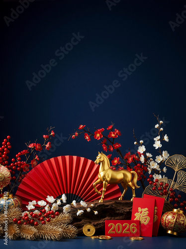 Chinese New Year 2026 decoration with golden horse, red fan and plum blossoms on navy background