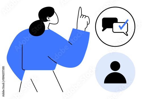 Woman gesturing upward, near message bubbles with checkmark and user profile icon. Ideal for communication, teamwork, collaboration, social media, connection, messaging networking. Simple flat