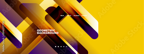 Abstract geometric design. Yellow, purple hues blend. Modern layout features text elements, navigation options. Minimalist style.
