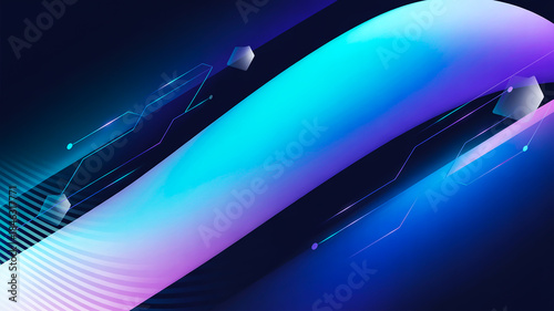 Abstract Digital Background with Neon Swirl and Geometric Shapes