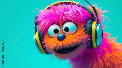 Vibrant cartoon creature enjoying music with colorful headphones on