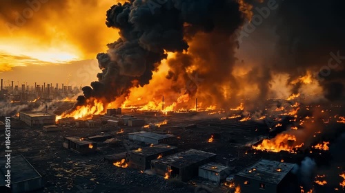 A large fire is burning in an industrial area