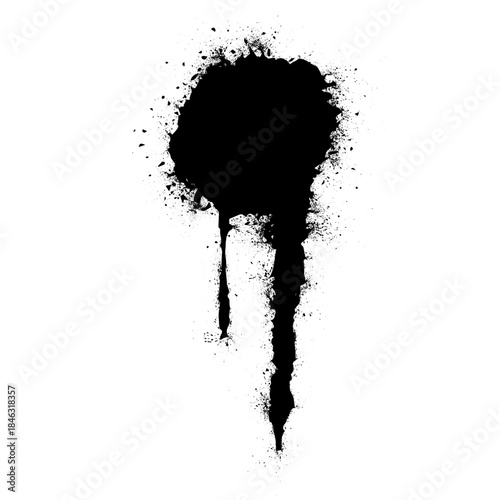 A round black spot appears on a white surface. The spot shows splashes and tips that result from a spray can. This scene highlights art in a simple way.