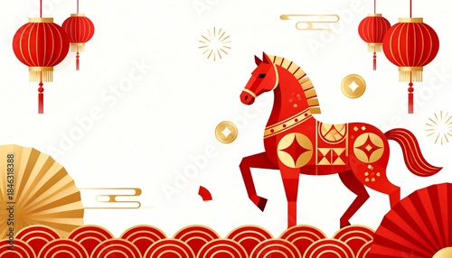 flat illustration chinese new year background geometric horse motif balanced layout clean edges advertising design style perfect for chinese new year and lunar new year