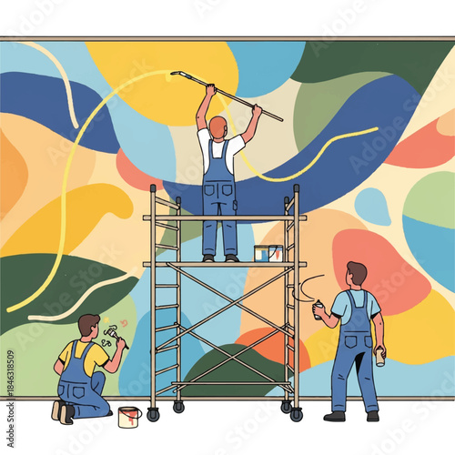 Artistic creation of a large mural by a team of painters on scaffolding