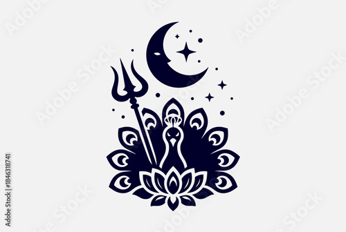 Elegant vector art featuring a peacock, trident, crescent moon, and stars, representing spiritual and cultural motifs.