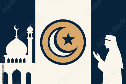 Islamic prayer scene featuring a mosque silhouette, crescent moon and star emblem, and a devout figure in prayer, symbolizing faith and devotion.