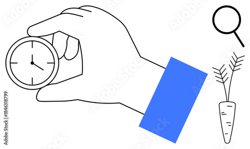 Hand grasping clock face underlines time management, magnifying glass highlights attention to detail, and carrot suggests growth or goals. Ideal for productivity, goals, research, health, growth