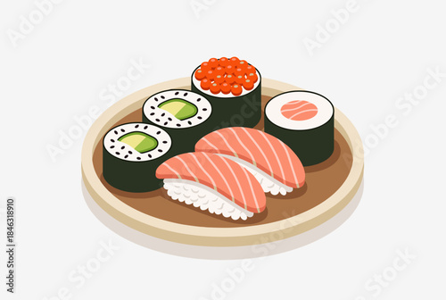 A delightful assortment of fresh sushi rolls and nigiri with salmon, avocado, and roe on a round wooden plate.