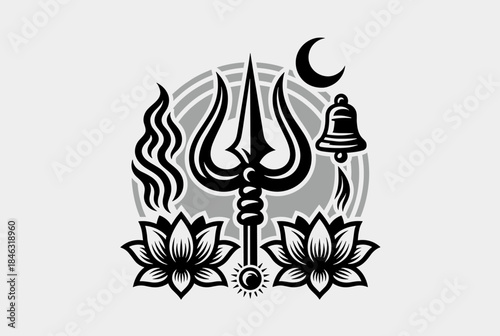 Black and white illustration of Hindu religious symbols including a trishula, lotus flowers, moon, bell, and flames in a circular design.