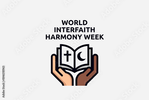 Illustration of two hands holding an open book with a Christian cross and an Islamic crescent, symbolizing World Interfaith Harmony Week.