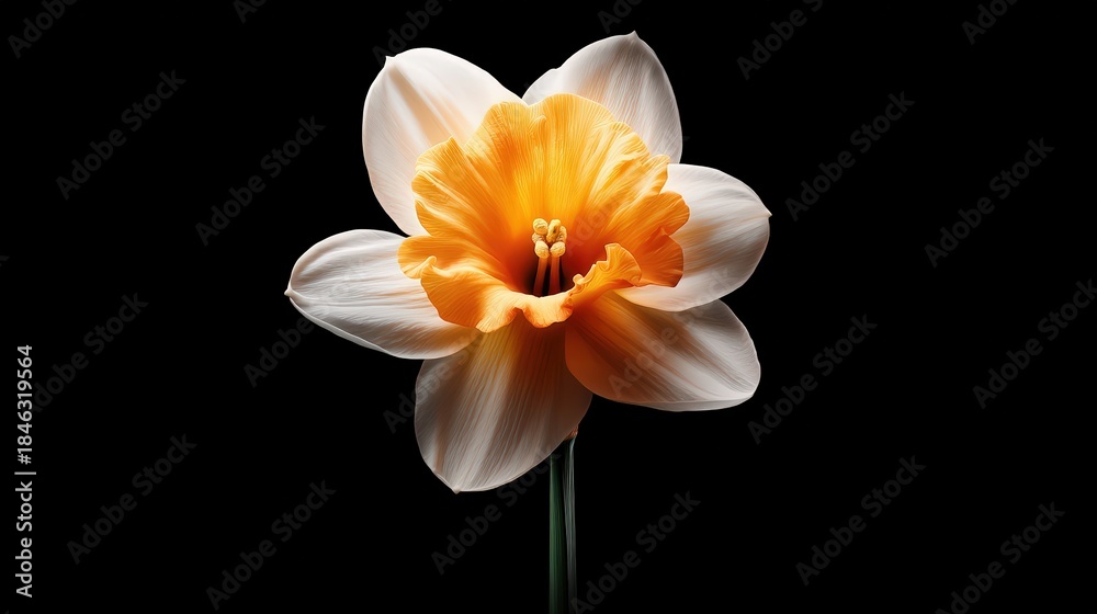 Fototapeta premium A close-up of a vibrant daffodil flower, showcasing its delicate petals and bright orange center against a stark black background.