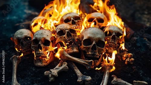 A group of skulls and bones on fire in the dark