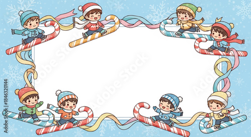 Happy kids skating on candy cane frame for winter holiday background.