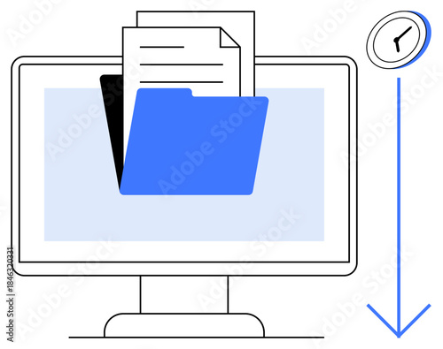 Digital organization, file storage, productivity tools, time management, electronic data, efficient archiving. Folder and documents on computer screen with clock and arrow. Digital organization
