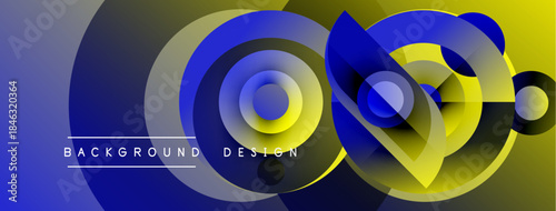Abstract background features overlapping circles, gradients. Blue, yellow hues create dynamic visual effect. Text reads background design.