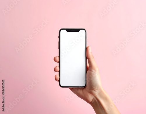 Hand holding a modern smartphone with a blank white screen, pink background