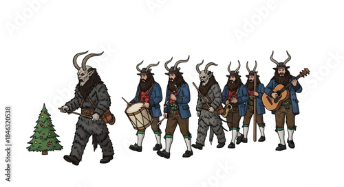 Krampus and masked musicians marching in a winter procession.