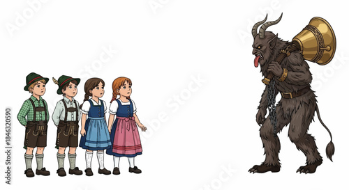 Krampus frightening bavarian children illustration.