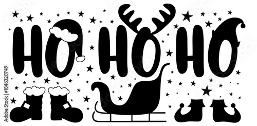 Ho Ho Ho Christmas Typography with Santa Sleigh and Footprints