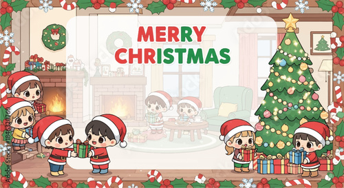 Cute children exchanging gifts in a cozy christmas living room frame.