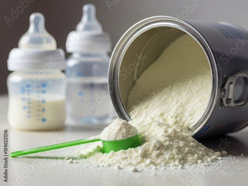 Formula spilling from can near baby bottles