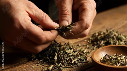 Hands sorting green tea leaves on a wooden table, close-up view