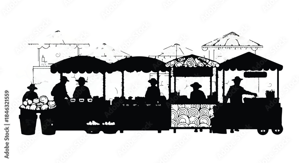 Obraz premium Vibrant outdoor market stalls bustling with vendors and customers under umbrellas