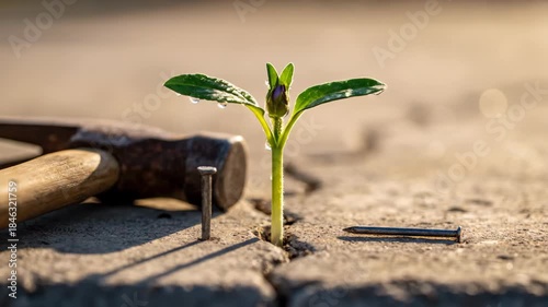 Small plant growing through crack in cement near hammer and nails.