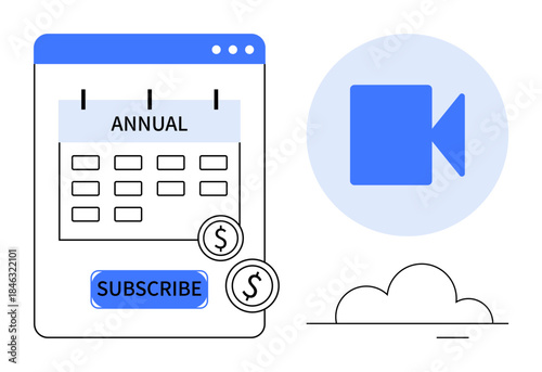Online subscriptions, digital services, SaaS, video streaming, cloud storage, annual billing. Calendar graphic with subscribe button, coins and video icon. SaaS and video streaming payment model