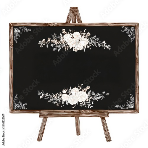 Black chalkboard on wooden easel with decorative white floral designs in corners and center.