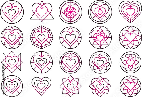 A collection of geometric designs featuring hearts enclosed within various shapes like circles triangles and polygons in pink tones