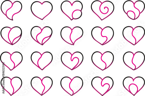 An arrangement of various pink heart designs some whole and some fractured displayed against a plain white background