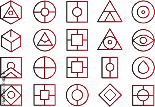 A collection of geometric shapes including circles squares triangles and hexagons outlined in red are displayed against a white background