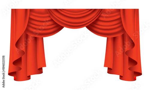 Red curtains realistic. Theater fabric silk decoration for movie cinema or opera hall. Curtains and draperies interior decoration object. Isolated on transparent for theater stage