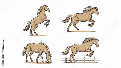 Stylized Minimalist Horse Illustrations Rearing Galloping Grazing Jumping in Tan and Brown