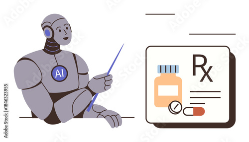 AI robot holding pointer next to digital prescription interface featuring pill bottle, capsule, and RX sign. Ideal for healthcare innovation, technology in medicine, AI applications, pharmacy, future