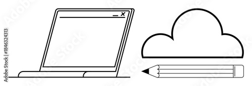 Cloud computing, online storage, digital note-taking, remote work, creative design, and technology concepts. Laptop window, cloud icon and pencil graphic. Cloud computing and online storage visually