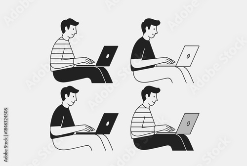 A minimalist black-and-white illustration depicting different working postures in a remote work setting for ergonomic awareness