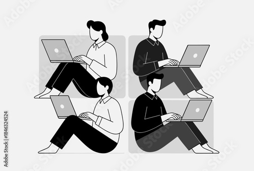 Four individuals, two men and two women, sitting on the floor and working on their laptops in a flat illustration style.