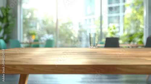 A minimalist wooden table set against a blurred office backdrop.