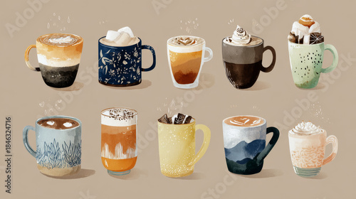 Set of cozy decorative coffee cups in pastel colors
