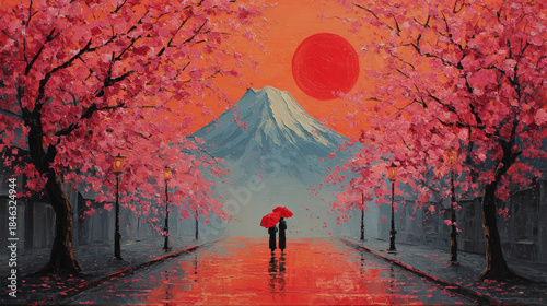 Romantic couple under cherry blossoms with Mount Fuji
