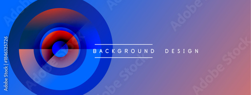 Abstract circles blend blue, red hues. Gradient background creates depth. Text reads background design centered below shapes. Modern visual.