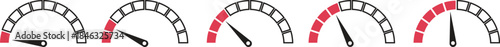 Speed Meter Icon set. Speed indicator sign. Performance concept. Fast speed sign. Vector level of performance. Speed dial indicator. Infographic of risk, gauge, score progress.