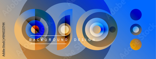 Abstract colorful circles create dynamic background. Text reads background design. Gradient hues blend smoothly, offering visual interest.