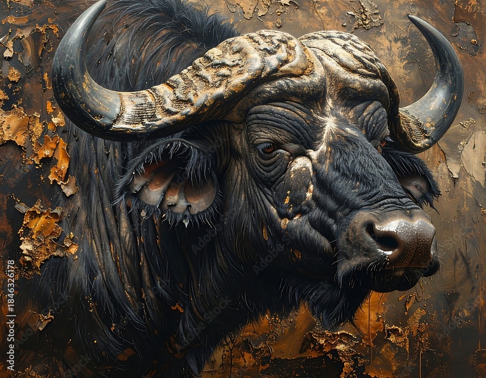 Naklejka premium Close-up of a detailed buffalo head, textured with metallic hues