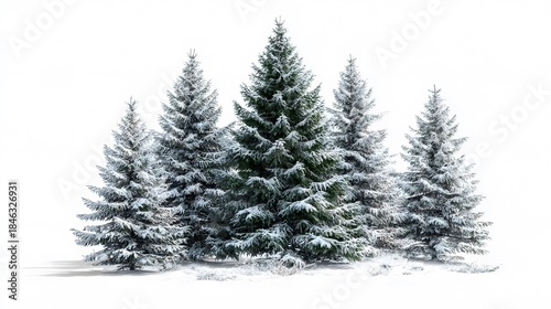Several snow-covered evergreen trees stand together in a winter landscape.